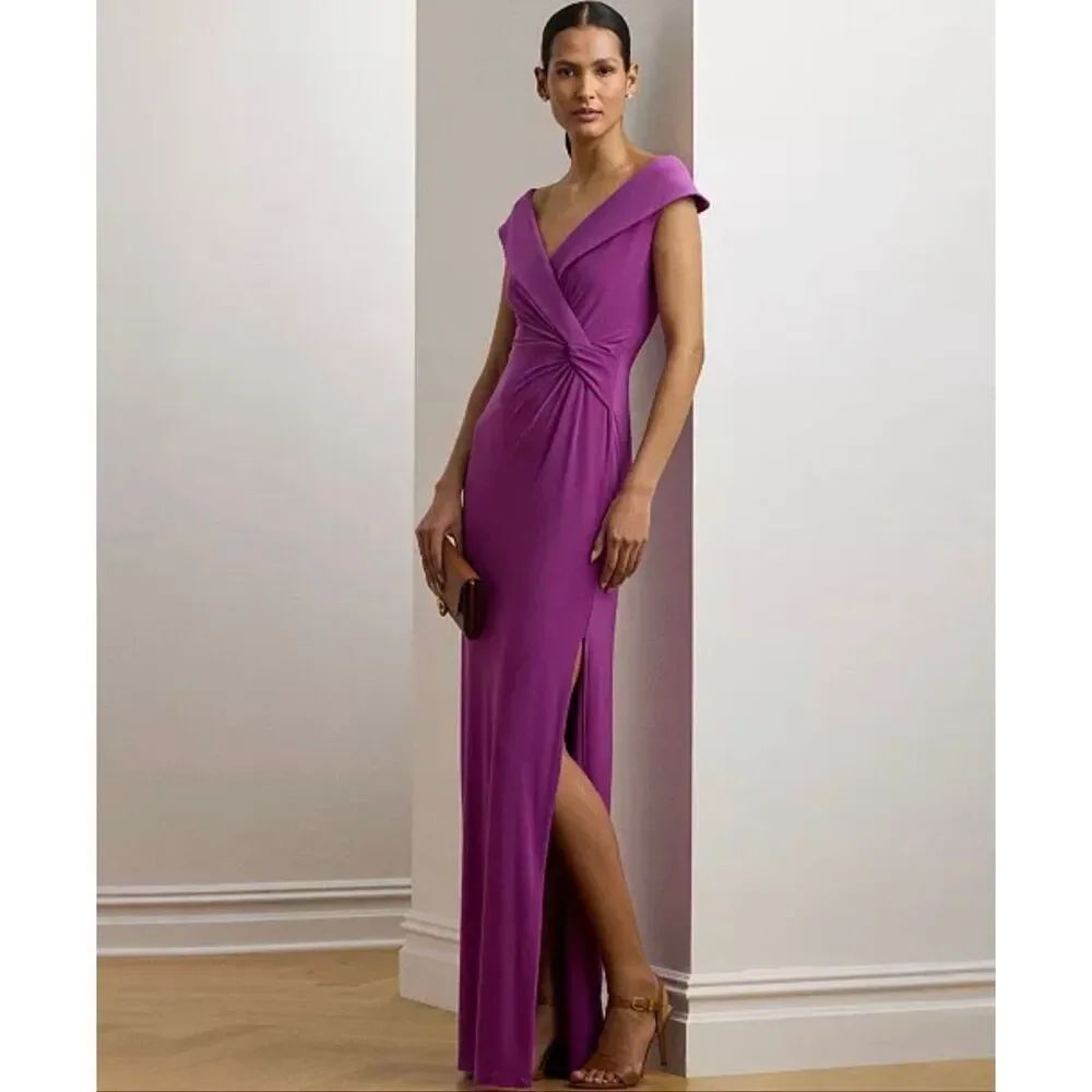 Lauren Ralph Lauren Jersey Off-the-Shoulder Formal Gown Dress Purple 2
